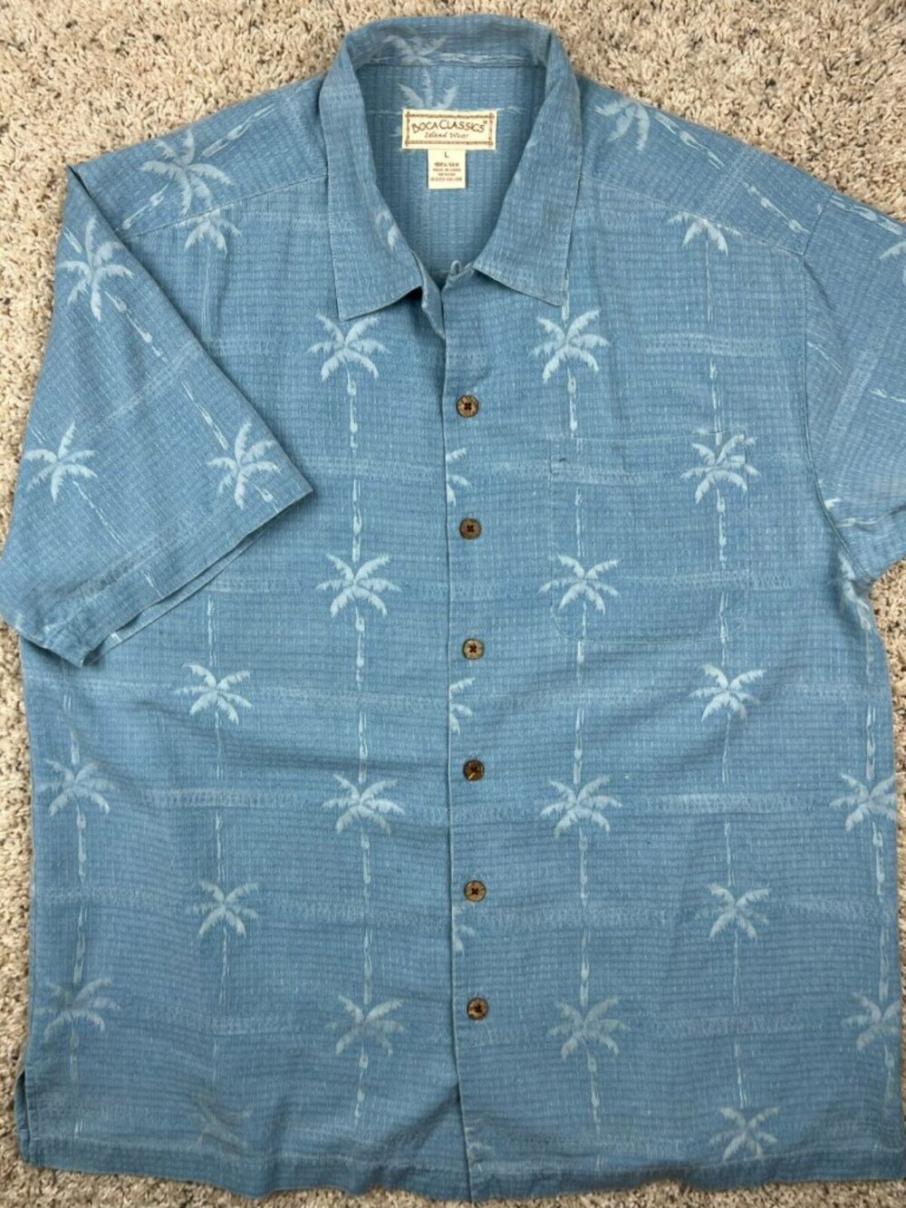 Boca Classics Island Wear Size Large Blue All Silk Button Up Shirt Palm Trees